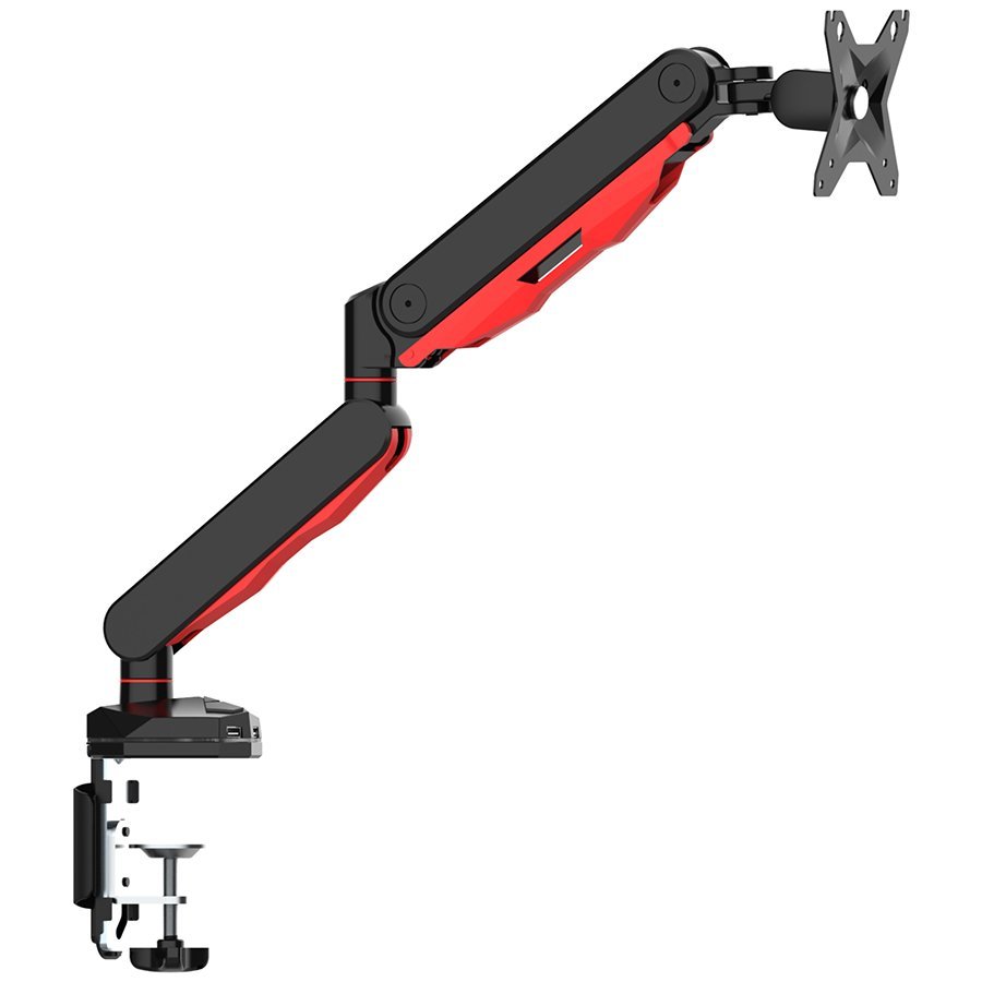Gaming desk mount for single monitor with height adjustable gas spring. Deskmount with clamp or grommet. Monitor up to 9kg, VESA 75x75 or 100x100mmUSB ports (1x power only, 1x loop through USB) Red light effect in base