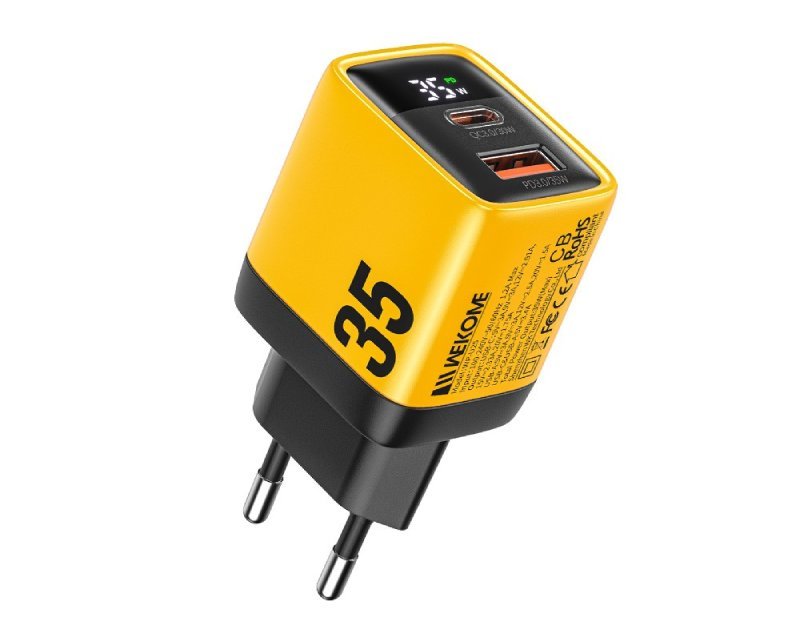 GPS01087_v.jpg WP-U25 Super brzi Strujni GaN Punjač, 2-porta USB (3.0 i 3.1 Tip-C) 35W, sa displejom, žuti - Slika 1