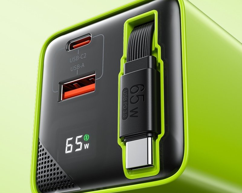 WP-U39 Superbrzi Strujni GaN punjač, 2-porta USB (3.0 i 3.1 tip C) 65W sa displlejom i USB 3.1 tip C kablom 0.8m, žuti