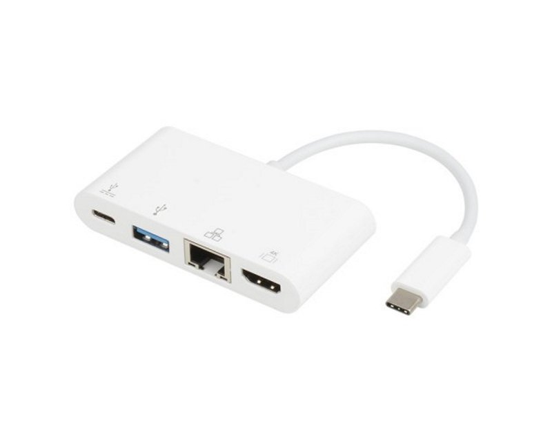 Adapter USB 3.1 tip C (M) - HDMI + USB3.0 + RJ45 + tip C (F) beli